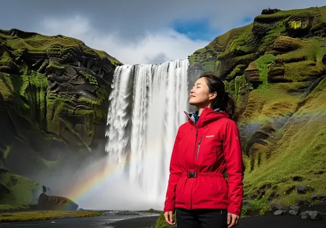 여자혼자 여행하기 안전한나라 3곳중 아이슬란드의 웅장한 폭포 앞에서 고어텍스 자켓을 입고 평화롭게 경치를 감상하는 모습