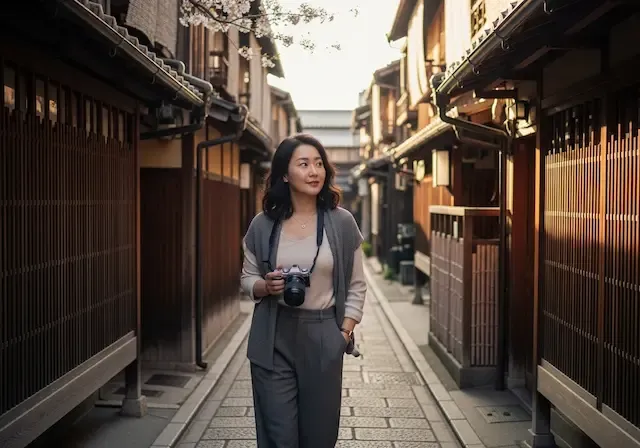 여자혼자 여행하기 안전한 나라 3곳중 한곳인 일본 교토의 고즈넉한 골목에서 한국인 여성이 카메라를 메고 조용히 산책하는 장면