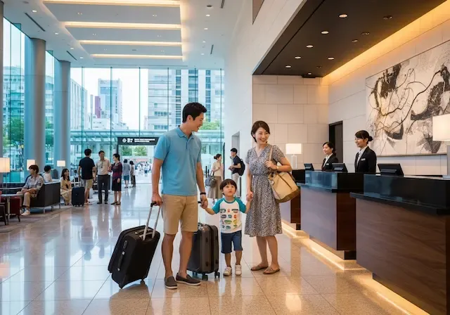 일본 도쿄 시나가와역 앞 현대적인 호텔 로비에서 한국인 가족(부모와 어린 아이)이 캐리어를 끌고 체크인하는 활기찬 모습, 밝고 깨끗한 실내 조명과 넓은 공간감이 느껴지는 사진