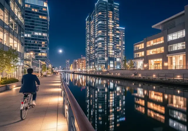 푸른 지중해 느낌의 도쿄 시나가와 텐노즈아일 운하를 따라 조성된 세련된 산책로에서 한국인 여행자가 자전거를 타거나 걷고 있는 모습, 현대적인 건축물과 물에 비친 야경이 어우러진 사진