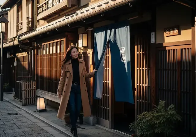 교토 기온의 고즈넉한 마치야 거리에서 세련된 트렌치코트를 입은 한국인 여성이 전통 가이세키 요리점의 노렌(입구 천)을 걷으며 들어가는 모습