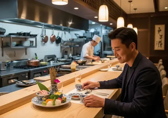 정갈한 편백나무 카운터석에 앉아 화려한 그릇에 담긴 계절 요리를 즐기는 한국인 남성 여행자, 배경에는 오픈 키친에서 집중하는 셰프의 모습과 은은한 간접 조명이 비치는 고급스러운 실내