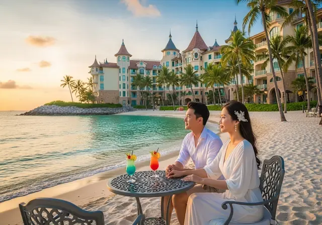 푸꾸옥 남부 JW 메리어트 리조트의 독창적인 건축물 앞에서 한국인 신혼부부가 켐 비치의 투명한 바다를 바라보며 칵테일을 즐기는 로맨틱한 순간
