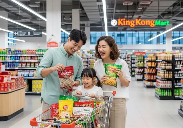 푸꾸옥 킹콩마트에서 카트 가득 베트남 특산물인 후추와 땅콩 기념품을 담으며 환하게 웃고 있는 30대 한국인 가족의 모습