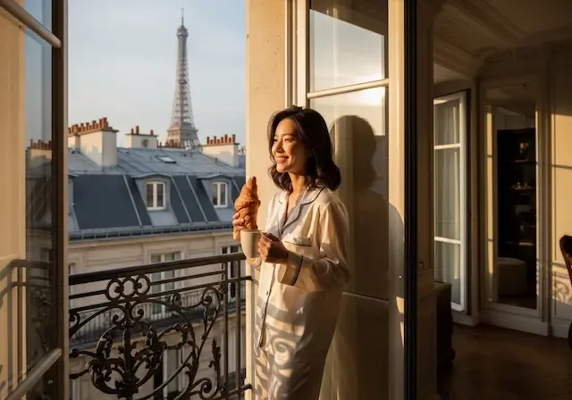 파리 15구의 전형적인 오스만 양식 건물 창가에서 잠옷 차림의 20대 한국인 여성이 크루아상과 커피를 들고 창밖으로 보이는 에펠탑을 바라보며 미소 짓는 모습