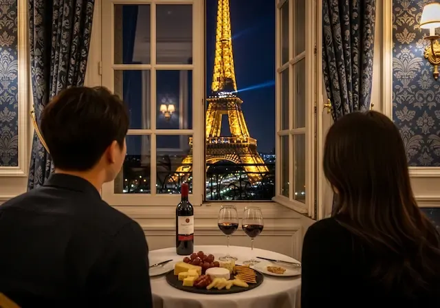호텔 라 꼼데스의 클래식한 창틀 너머로 보이는 에펠탑 측면 뷰. 창가 작은 테이블 위에 와인 잔과 치즈 플레이트가 놓여 있고, 한국인 커플이 야경을 감상하고 있는 뒷모습