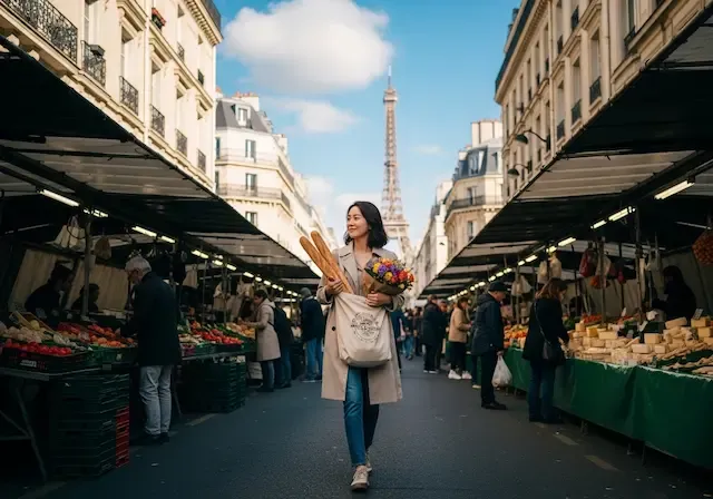 파리 15구의 활기찬 아침 시장 풍경을 배경으로, 에코백에 바게트와 꽃을 담은 30대 한국인 여성이 멀리 보이는 에펠탑을 배경으로 길을 걷는 모습. 맑은 하늘과 세련된 파리 거리의 조화