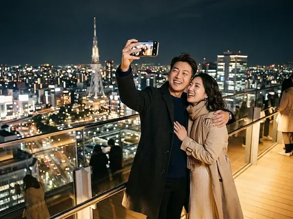 세련된 차림의 30대 한국인 커플이 나고야역 미들랜드 스퀘어 전망대에서 반짝이는 도시 야경을 배경으로 다정하게 사진을 찍고 있는 모습. 전체적으로 로맨틱하고 따뜻한 조명