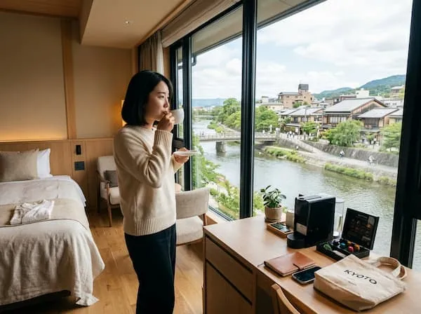현대적이고 모던한 호텔 객실에서 창밖의 호리카와 강변을 바라보며 캡슐 커피를 마시는 한국인 여성 여행자. 객실 내부는 나무와 베이지 톤으로 아늑한 분위기