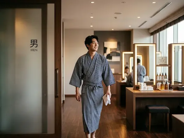 깨끗하고 넓은 나고야 호텔 대욕장에서 여유롭게 목욕을 마치고 나와 뽀송뽀송한 가운을 입고 있는 한국인 남성 여행자. 배경에는 은은한 조명이 켜진 파우더룸과 세련된 인테리어