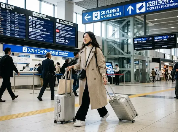 도쿄 나리타 공항에 도착해 캐리어를 끌고 스카이라이너 승강장으로 향하는 세련된 차림의 한국인 여행객, 공항의 현대적인 안내판 배경