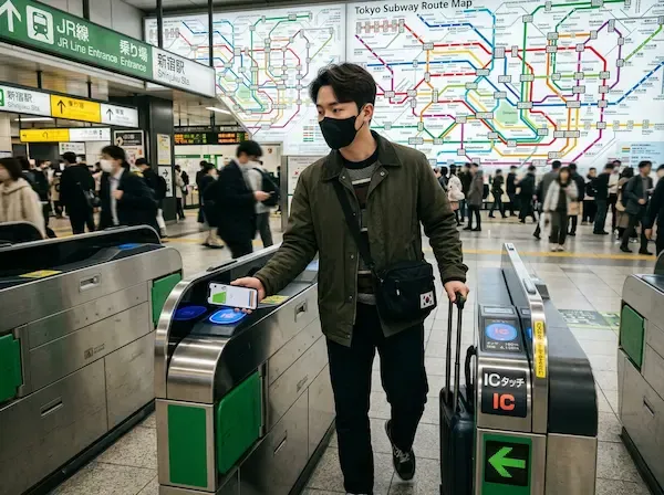 도쿄 지하철 개찰구에서 아이폰의 애플페이 스이카를 태그하며 통과하는 한국인 남성 여행자, 뒤로 복잡한 지하철 노선도가 보이는 풍경