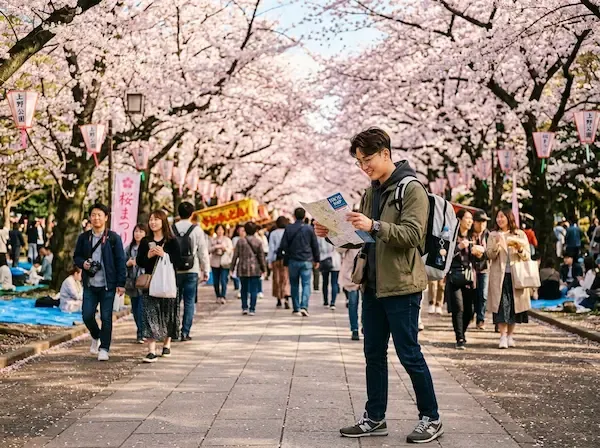 도쿄 우에노 공원의 벚꽃길을 배경으로 가벼운 배낭을 메고 지도를 확인하며 걷고 있는 20대 한국인 남성 여행자, 따뜻한 봄 햇살과 여유로운 분위기