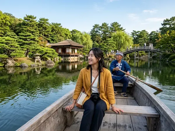 평화로운 다카마쓰 리쓰린 공원의 연못 위에서 나무배를 탄 한국인 여성 여행자가 우아한 정원 풍경을 감상하는 모습