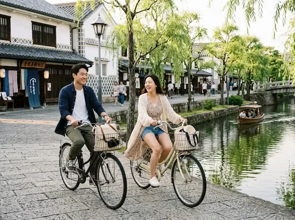 구라시키 미관지구의 운하를 따라 늘어선 하얀 벽의 전통 가옥들 사이로 자전거를 타고 여유롭게 지나가는 한국인 남녀 커플