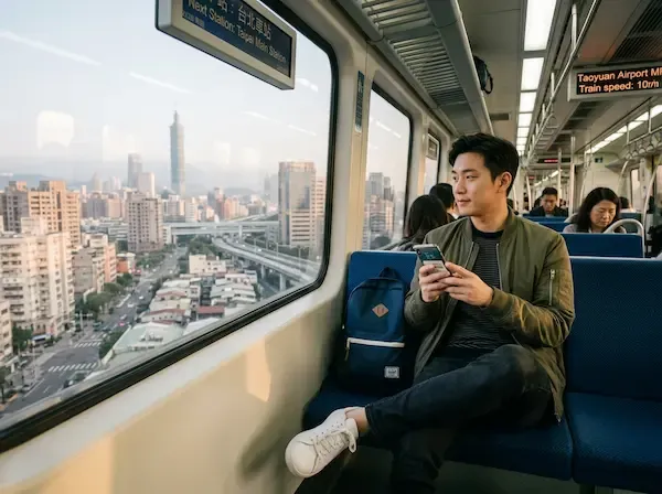 대만 타오위안 공항 MRT 급행열차 내부의 넓은 좌석에 앉아 창밖의 타이베이 도심 풍경을 감상하며 스마트폰을 사용하는 한국인 남성 여행자