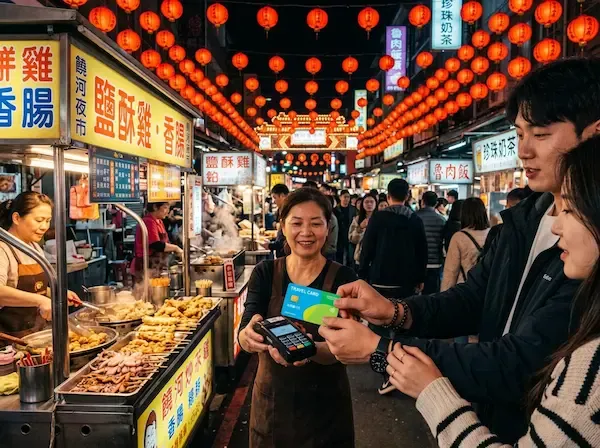 화려한 홍등이 켜진 타이베이 야시장에서 트래블 카드를 사용해 지불을 시도하는 한국인 커플의 손, 배경에는 맛있는 길거리 음식과 활기찬 시장 풍경이 보임