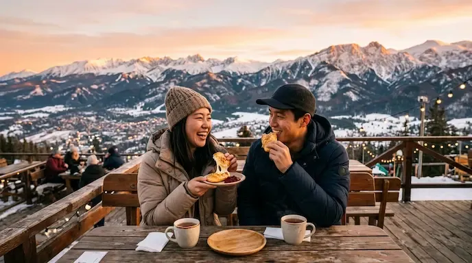 자코파네 구바우프카 산 정상 전망대 야외 카페 테라스에서 타트라 산맥의 설산 전경을 배경으로 구운 치즈 간식을 먹으며 웃고 있는 한국인 남녀의 모습